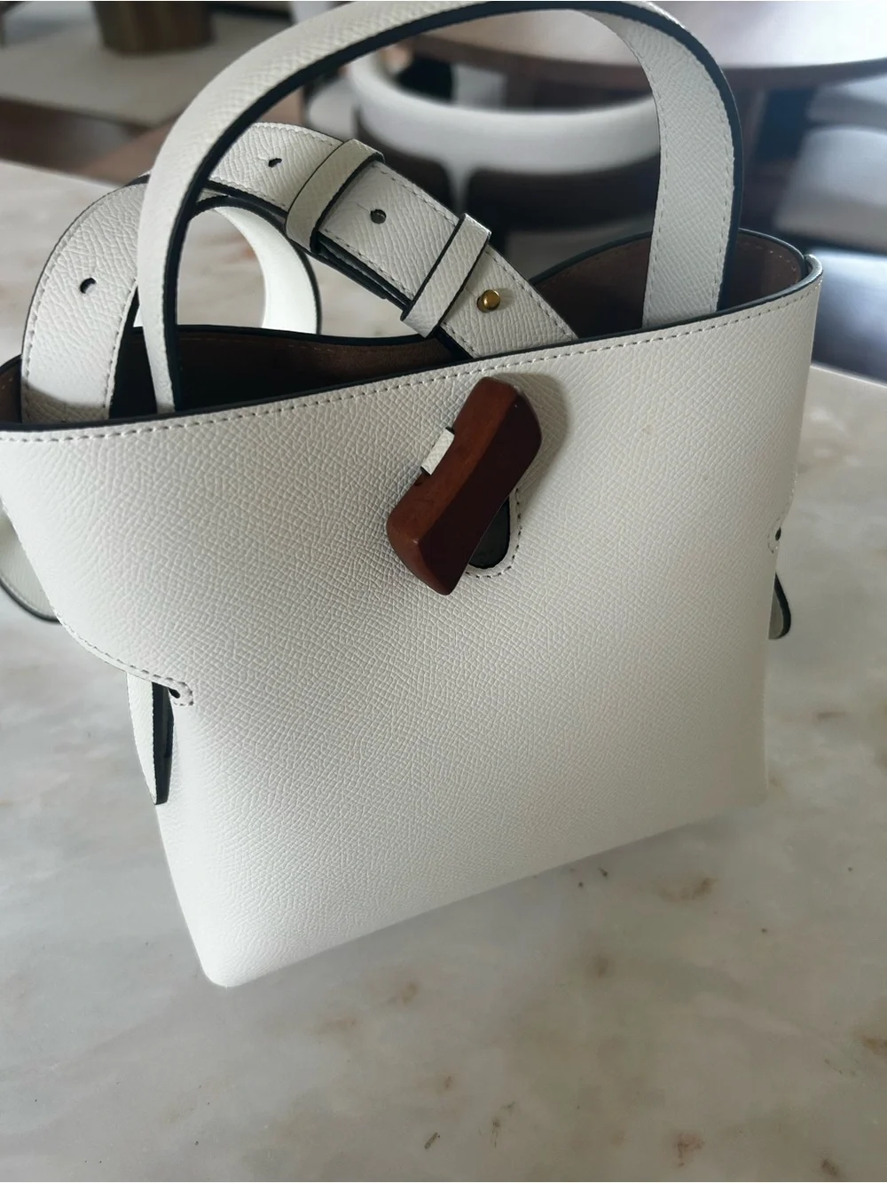 Cream Leather Top-Handle Tote with Brown Accent